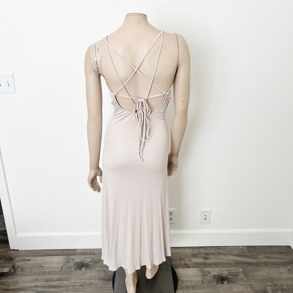 [VICI Collection] Beige Strappy Back State of Grace Ruched Midi Dress Size XL - Picture 3 of 10